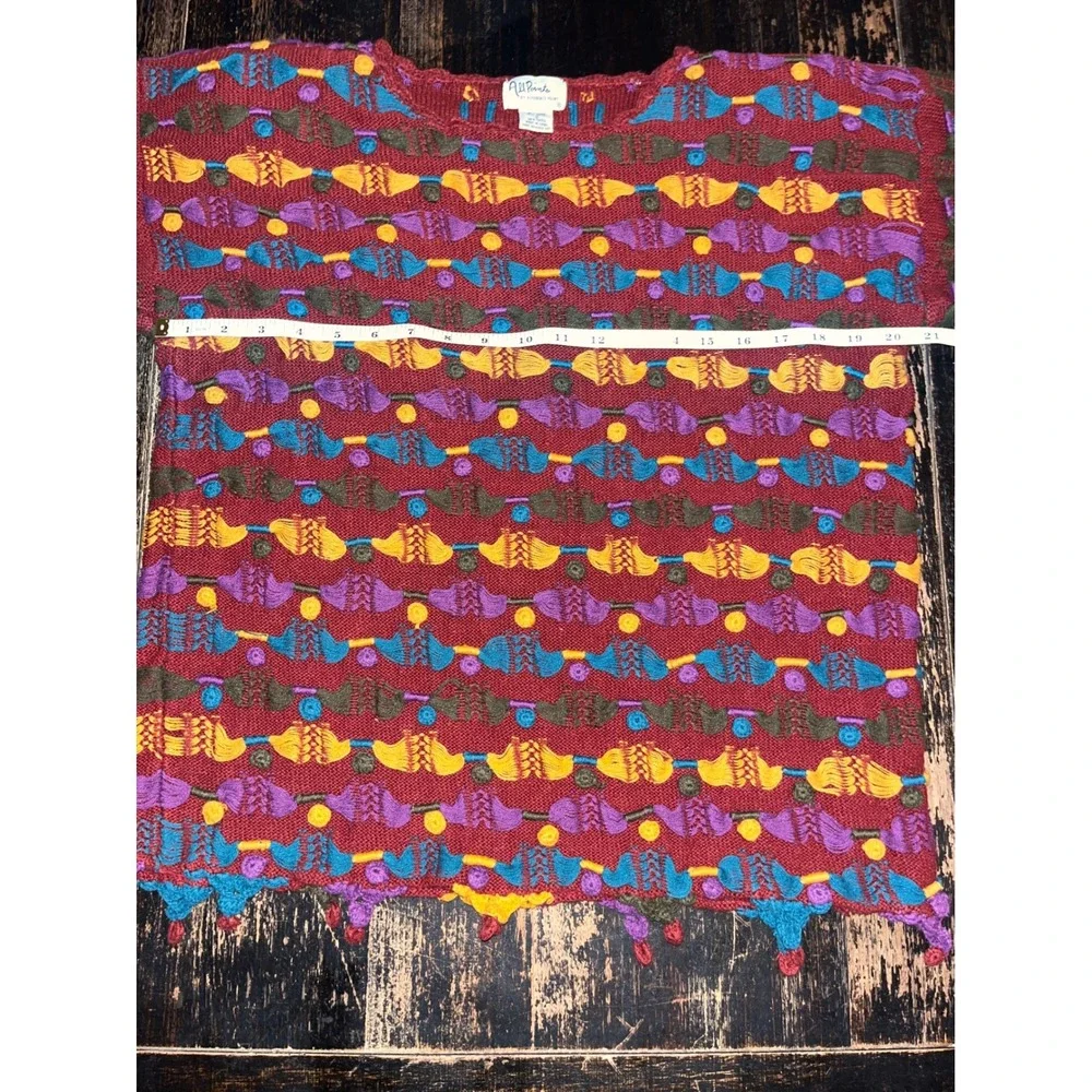 Vintage All Points Reference Point Textured Tassel Knit Sweater Red Multi Small